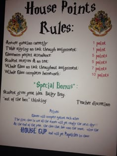 a harry potter house point's rules written on a white paper with black writing