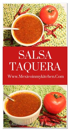 salsa taquera with tomatoes and peppers on the side, next to it is an image