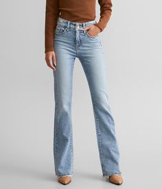 BKE Billie Boot Stretch Jean - Blue 33/31, Women's Bembry2 High rise Slim through the hip and thigh 16 bottom opening Destruction details Shoe sku 965775 Model Info: Height: 5'9 | Bust: 30 | Waist: 24 | Hip: 34 1/2 | Wearing Size: 24x34. This quality denim is hand-finished for a unique look. It will wear like your favorite jeans, with each hole and tear continuing to destruct over time. You will love the comfort of this denim that has the look and feel of years of wear. . 99% Cotton 1% Elastane. Bke Jeans Womens, Jean Fits, Buckle Jeans, Bke Jeans, High Rise Mom Jeans, Medium Wash Jeans, Boot Cut Denim, Favorite Jeans, Stretch Jeans