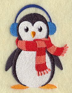 a penguin with headphones and a scarf