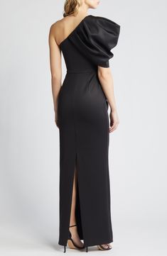 A decadent puffed sleeve is the pièce de résistance on this shoulder-baring gown that's guaranteed to stun. 60" length (size 8) Side-zip closure One-shoulder neckline Single elbow-length sleeve Lined 90% Polyamide, 10% Elastane Dry clean Imported Special Occasion One Shoulder Gown, Black Halo, Elbow Length Sleeve, Side Zip, Halo, Length Sleeve, Special Occasion, One Shoulder, Dry Clean