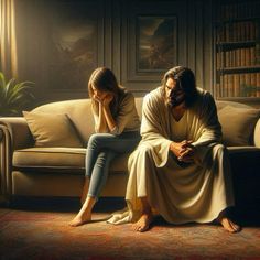 a painting of jesus and a woman sitting on a couch