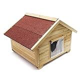 a wooden dog house with a red roof and shingles on the top, in front of a white background