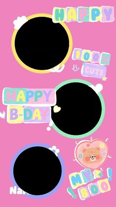 a pink background with two black oval frames and the words happy b - day on it