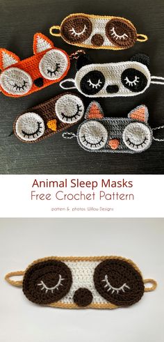 three crocheted animal sleep masks with eyes and noses on them, one is made from