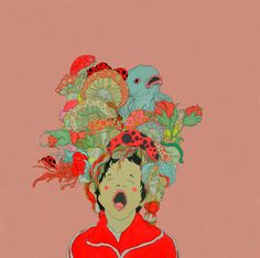 an illustration of a woman with flowers on her head and birds above her head, in front of a pink background