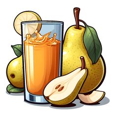 an apple, pear and glass of orange juice