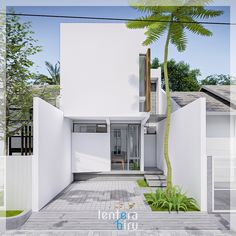 an architectural rendering of a modern house with palm trees in the front and side yard