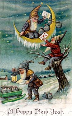 an old fashioned christmas card with two gnomes on the moon and one is reading