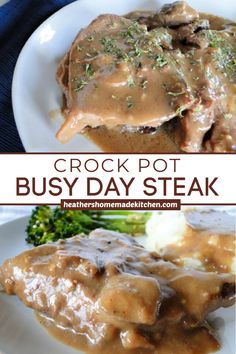 crock pot busy day steak with gravy and broccoli on the side