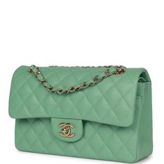 Designer Green Double Flap Bag, Luxury Green Double Flap Bag, Green Leather Double Flap Bag, Elegant Green Bag With Double Flap, Elegant Green Double Flap Bag, Formal Green Bag With Turn-lock Closure, Luxury Green Flap Bag With Detachable Strap, Green Evening Bag With Double Flap, Green Double Flap Evening Bag