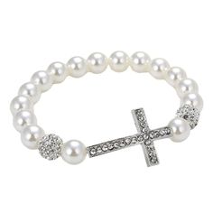 Women's Imitation Pearl Cross Bracelet Elegant Silver Cross Beaded Bracelets, Elegant Silver Beaded Cross Bracelets, Elegant Adjustable Cross Beaded Bracelets, Elegant White Cross Bracelets, Elegant White Cross Bracelet, Trendy Jewelry Ideas, Cross Bracelets, Christian Bracelets, Button Jewelry