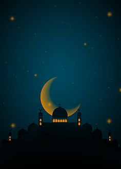 the silhouette of a mosque with a crescent moon and stars in the sky above it