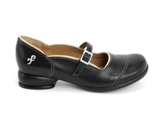 This cute and sleek mary jane style is a lean everyday casual shoe with contrasting F detail and ankle strap with a gunmetal buckle. Leather uppers and linings on a rubber signature Fellowship sole make for the ultimate comfort and durability. In fact, they're so comfortable and stylish, that they were made in custom colours (grey and burgundy) as an official uniform shoe for all female flight attendants on Air Canada rouge! We challenge you to name another fashion shoe brand that is so dependab Modern Black Mary Janes With Buckle Closure, Modern Black Mary Janes For Work, Black Casual Mary Janes For Work, Casual Black Mary Janes For Work, Casual Leather Mary Janes For Office, Classic Black Mary Janes With Heel Loop, Office Black Mary Janes With Removable Insole, Modern Black Round Toe Mary Janes, Casual Mary Janes With Leather Sole For Work