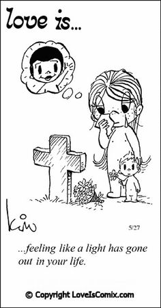 a cartoon drawing of a woman kneeling in front of a cross with a thought bubble above her