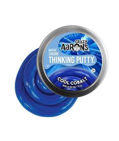 an image of a tin of thinking putty with blue swirl on it and the words crazy