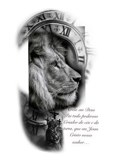 a black and white photo of a lion's face with a clock in the background