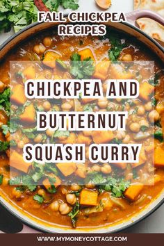 chickpea and butternut squash curry in a pot with the title above it