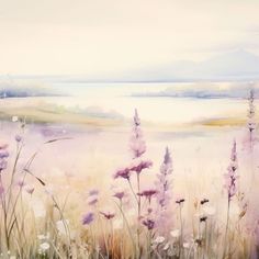 a painting of purple flowers in front of a body of water