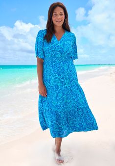 Whether at the beach, on vacation or just enjoying a warm summer day, this dress is the perfect go-to pick. Designed with three rows of tiers for a Occasion Dresses Wedding, Surplice Neckline, Tunic Tank Tops, Swimsuits For All, Career Dress, Swimsuit Cover Ups, Rayon Fabric, Beach Days, Swimsuit Cover