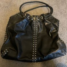 Michael Kors Black Leather Hobo. Great Condition. Silver Studded Accents, Snap Closure. Multiple Inside Pockets Casual Black Michael Kors Bag, Designer Michael Kors Black Shoulder Bag, Black Shoulder Bag With Leather Lining For Errands, Blue Michael Kors Purse, Snake Print Bag, Michael Kors Bedford, Bags Michael Kors, Michael Kors Shoulder Bag, Hobo Purse