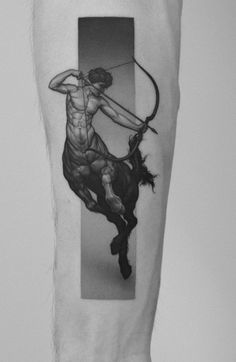 a man with a tattoo on his leg is holding a bow and arrow in the shape of a horse