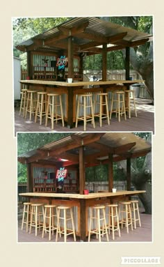 an outdoor bar with wooden stools and barstools on the outside, in front of a tree