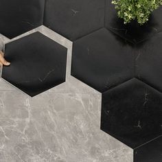 a person standing in front of some black and grey hexagonal tiles with plants