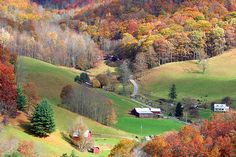 an aerial view of a farm surrounded by trees in the fall with colorful foliage on the hillside