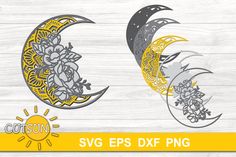 the sun and moon svg files are on display in front of a wooden background