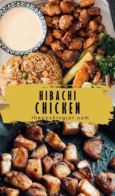 a plate full of food with the words hiraci chicken on it and an image of