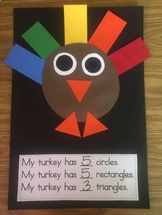 a turkey made out of paper with the words my turkey has 5 circles and four triangles