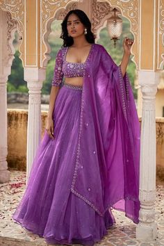 Shop for Zoon Purple Mukaish Embroidered Lehenga Set for Women Online at Aza Fashions Light Purple Lehenga Color Combos, Purple Lehenga Color Combos, Mega Sleeves Blouse, This Or That Fashion, Light Purple Lehenga, Purple Indian Dress, Dark Purple Lehenga, Violet Lehenga, Trendy Lehenga Designs