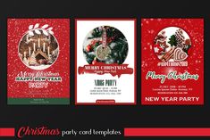 three christmas card templates with red and green colors, one for the new year