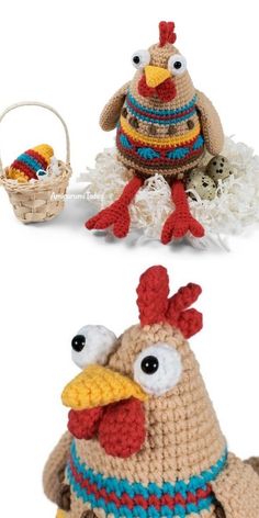 two crocheted stuffed chickens sitting next to each other