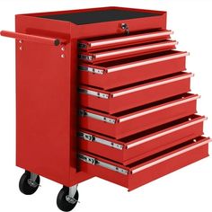 a red tool cabinet with five drawers and four casteors on the front, two black wheels