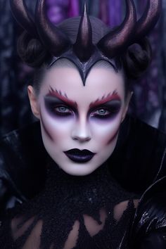 Dark Unicorn Makeup, Evil Makeup Looks, Maleficient Makeup, Movie Hairstyles, Villain Makeup, Evil Queen Makeup, Vintage Halloween Costumes, Maleficent Makeup, Dragon Makeup