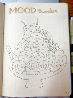 an open notebook with a drawing of a bowl of ice cream