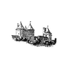 an ink drawing of a castle on a hill