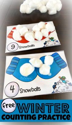 two snowballs are sitting on top of each other in front of an envelope with the words, free winter counting practice