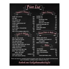 a blackboard menu with pink lettering on it