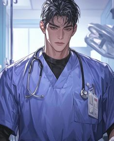 a male doctor in scrubs is looking at the camera