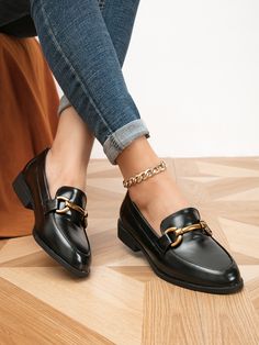 Black Elegant Collar   Plain Loafers Embellished   Women Shoes Loafers For Women Outfit, Womens Penny Loafers, Office Shoes Women, Work Shoes Women, Business Casual Shoes, Classy Shoes, Loafer Shoes Women, Women Flats, Business Shoes