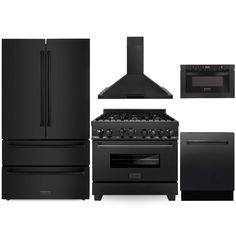 a black stove, oven and microwave are shown in this image with the hood up