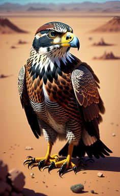 an eagle standing on top of a sandy desert field with mountains in the back ground