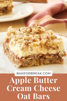 an apple butter cream cheese oat bars on a plate with the title above it