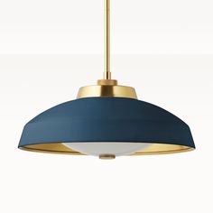 a blue and gold pendant light hanging from a ceiling fixture with an oval shade on it