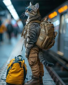 a cat is standing next to a backpack on the train platform and looking at something