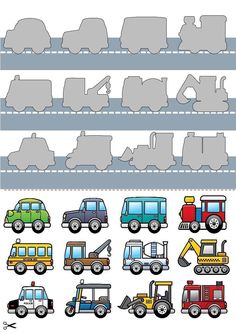 a set of different types of trucks and cars on the same line as shown in this illustration