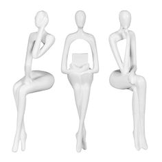 three white mannequins sitting and standing next to each other on a white background